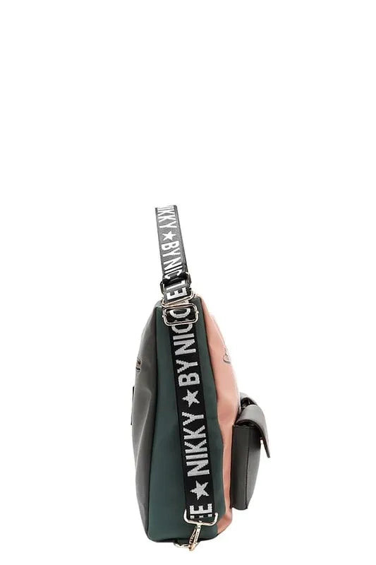 Side view backpack with black strap panel and gold zipper pulls