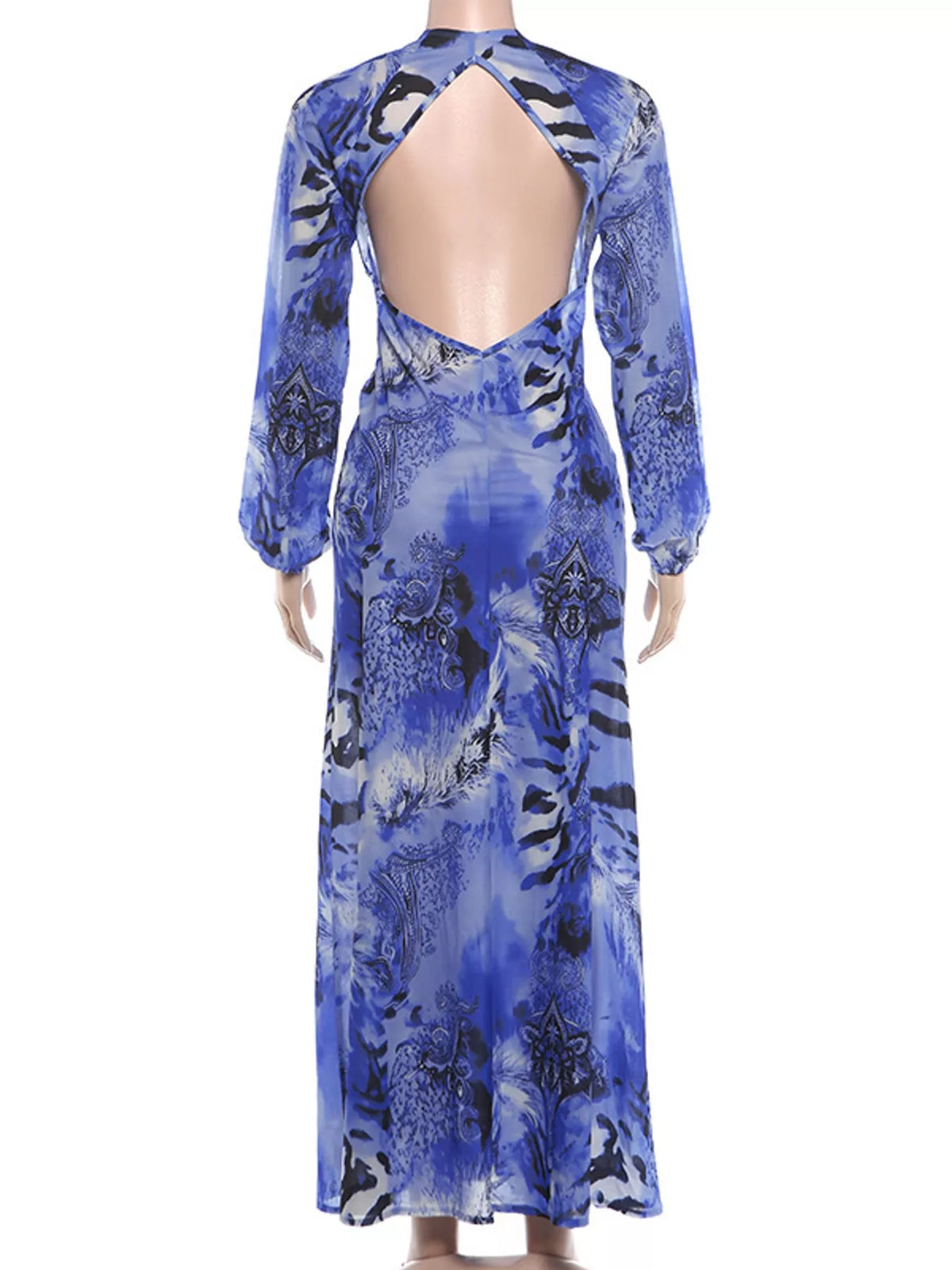 Blue printed maxi dress with open back and long balloon sleeves