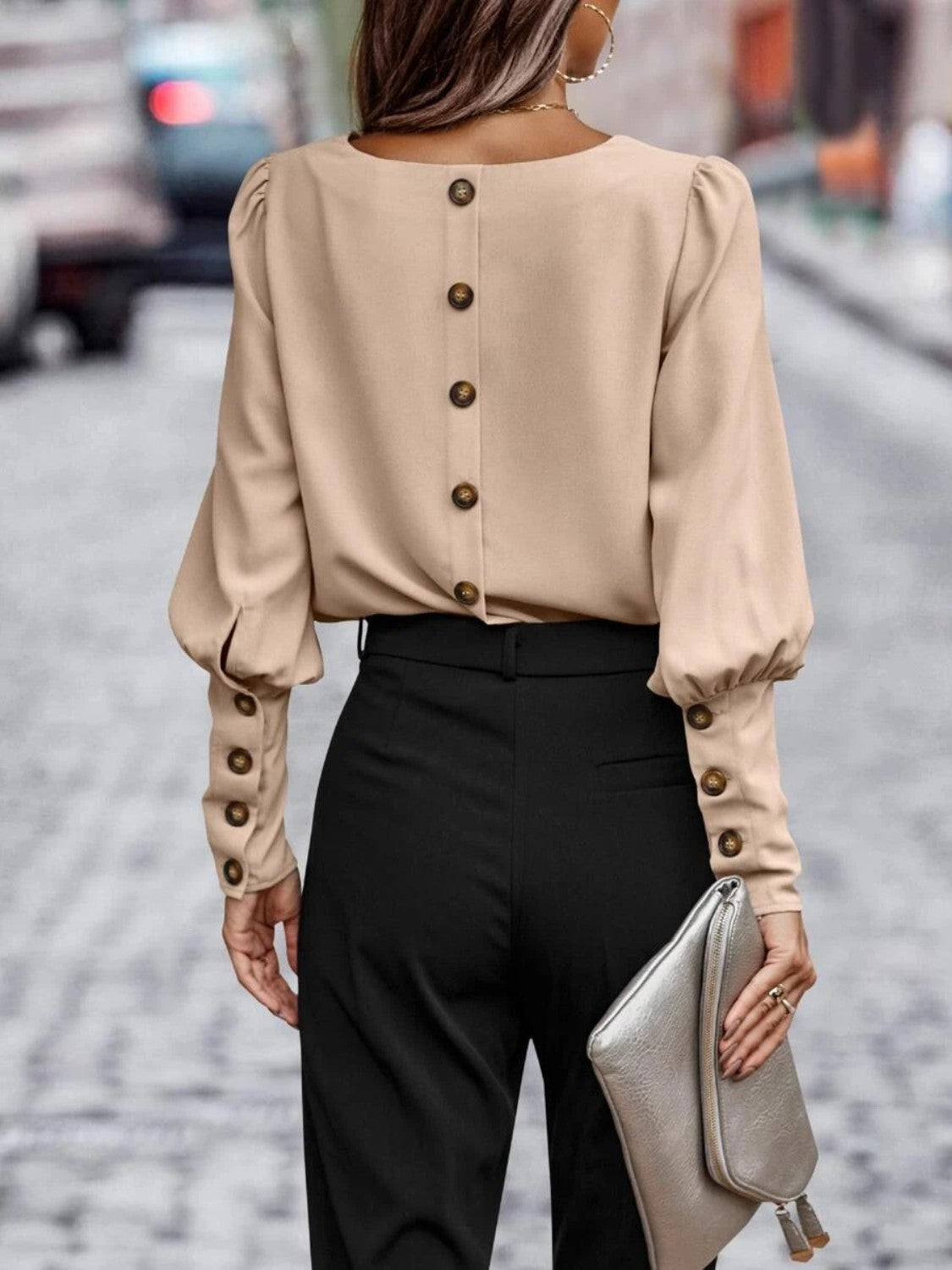 Camel back-button blouse with lantern sleeves and gathered cuff detail