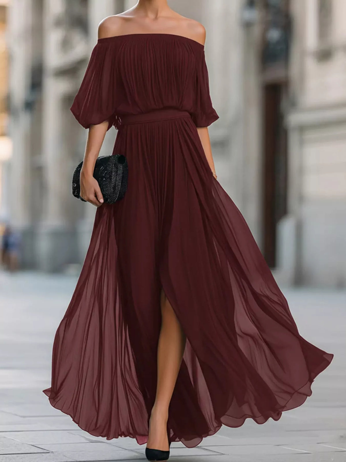 Burgundy off-shoulder ruched chiffon maxi dress with puff sleeves and pleated skirt