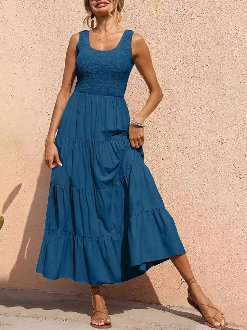 Dusty blue tiered smocked wide-strap dress with tiered ruffle skirt