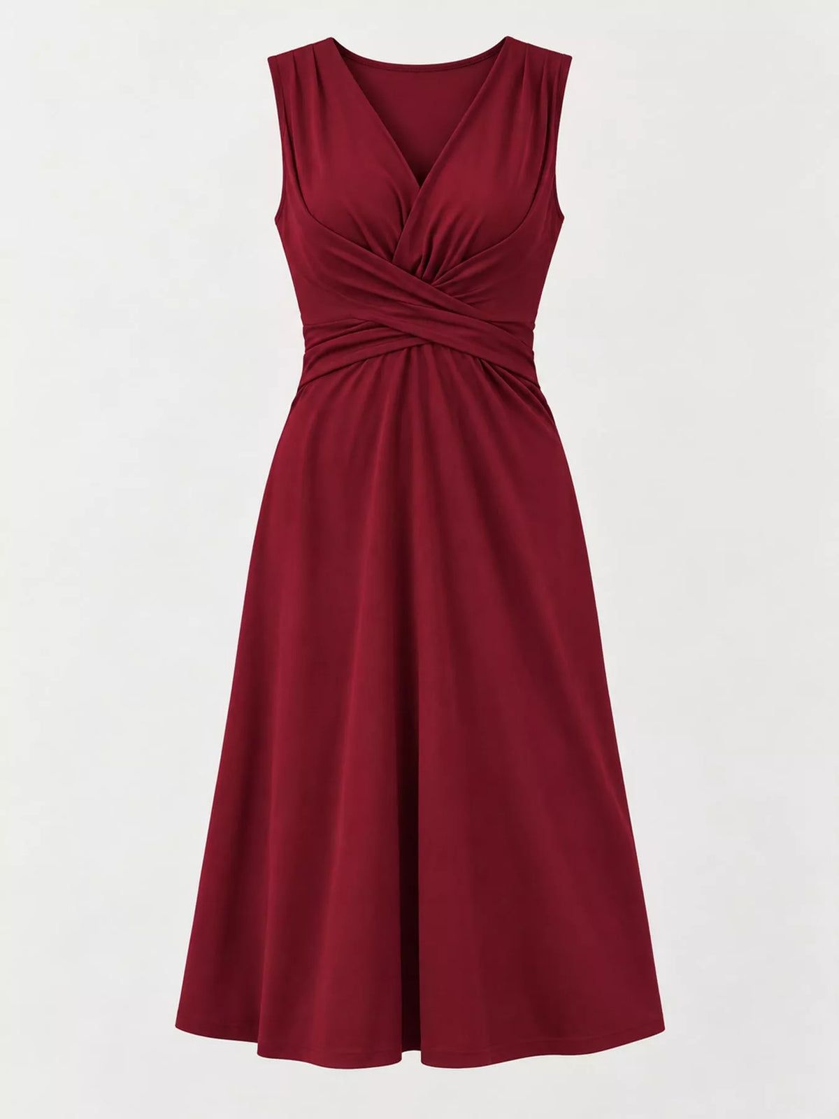 Burgundy sleeveless midi dress front view, ruched V-neck and twist waist