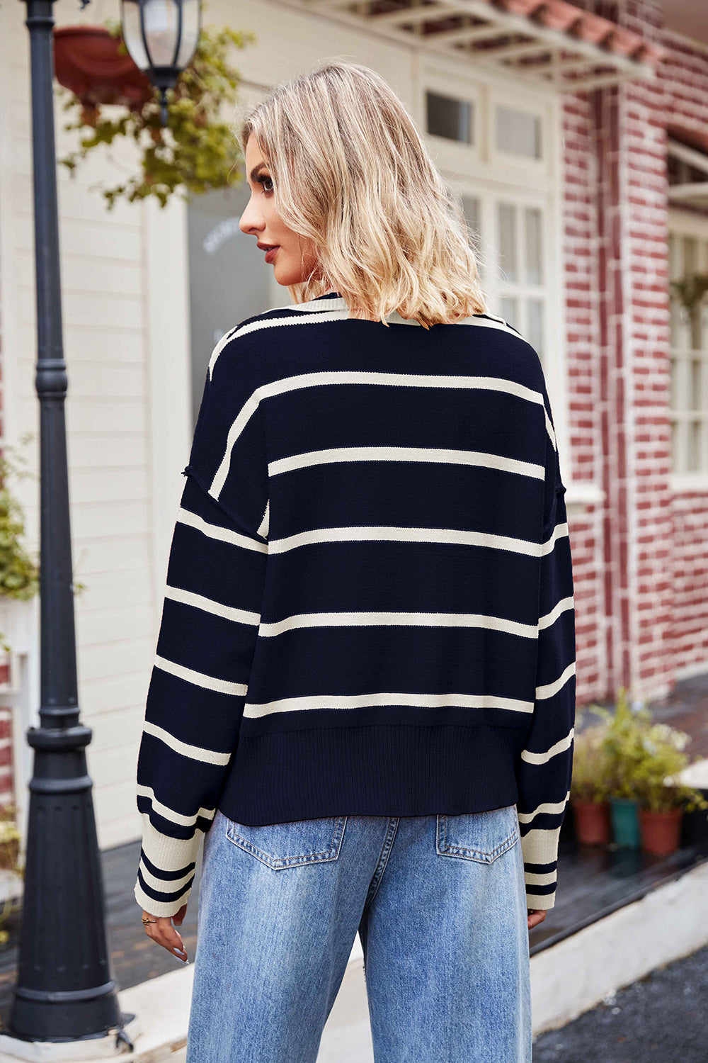 Striped Johnny collar sweater, navy with cream horizontal stripes, back view