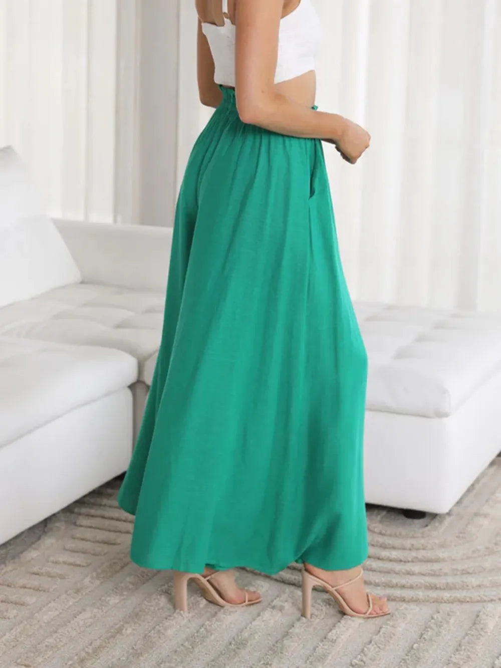 Matcha green wide-leg pants with elastic drawstring waist and flowing wide legs