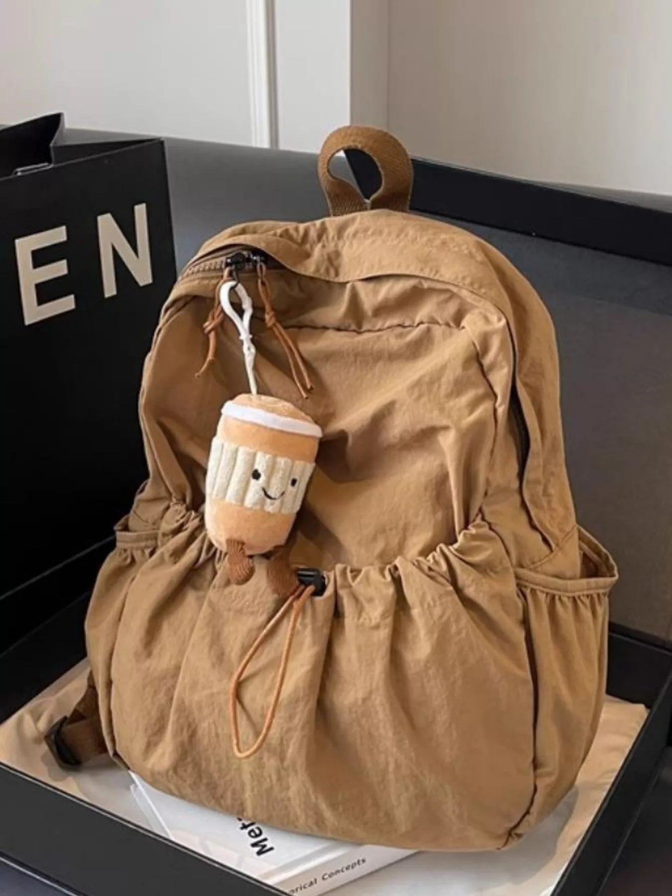 Cedar & Moore Casual nylon drawstring backpack, tan color, large size, Trendsi.