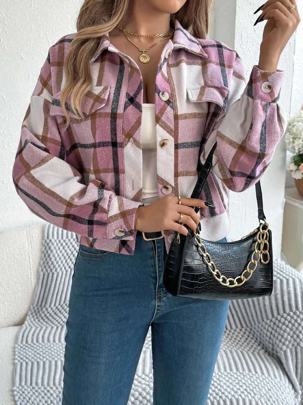 Lilac plaid button-up long sleeve jacket with snap buttons and long sleeves
