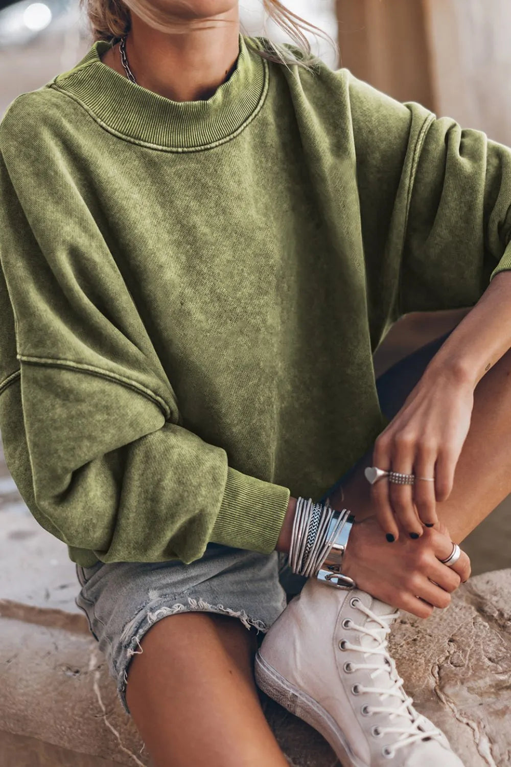 Moss green mock-neck dropped-shoulder sweatshirt, pullover style, long sleeves