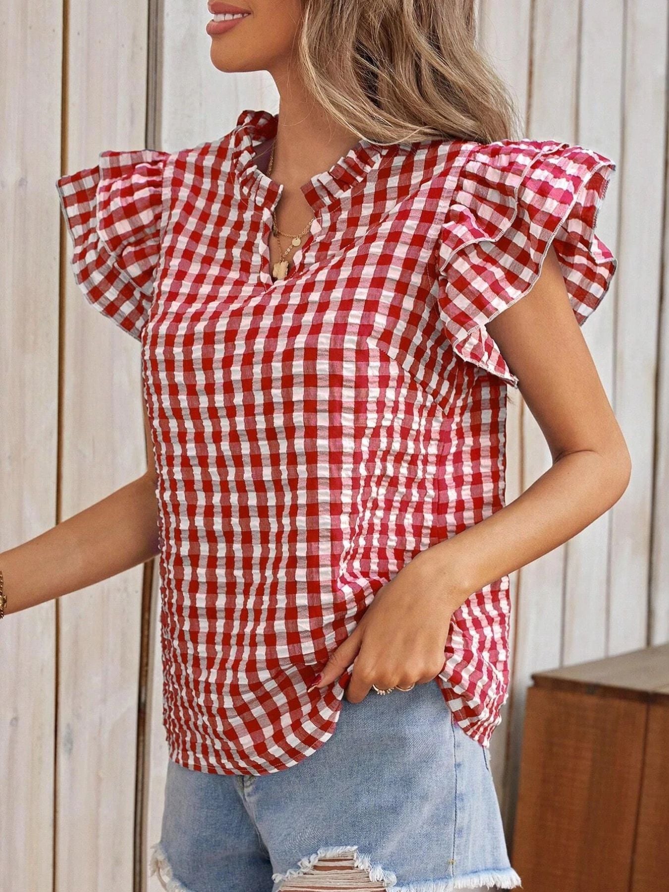 Gingham Ruffle Sleeve Blouse by Trendsi, red and white check, non-stretch fabric.