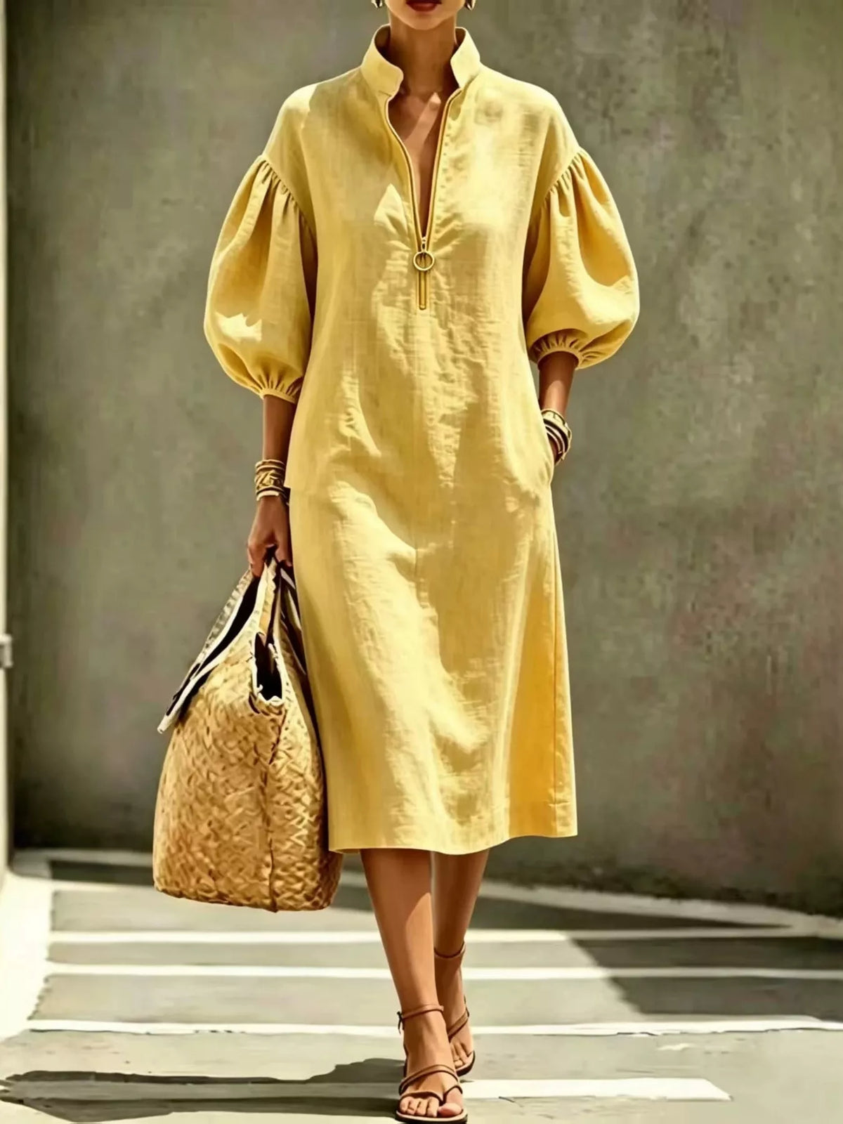 Gold midi dress with half-zip and voluminous puff sleeves, relaxed fit