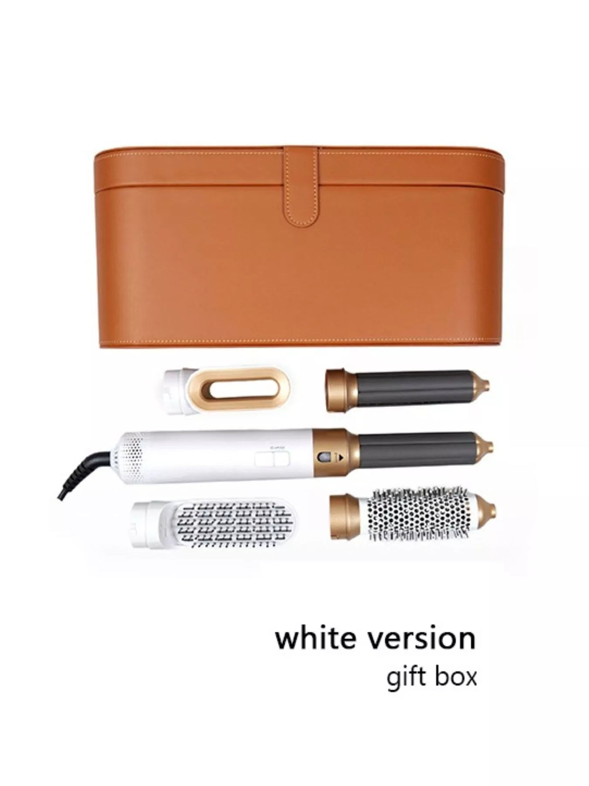 Interchangeable curling wand set in white version with brown carry case and four curling heads