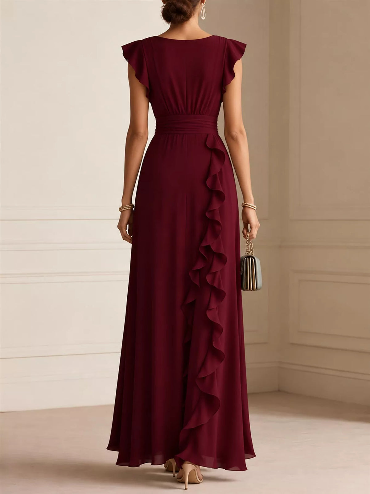 Burgundy ruffled high-waist sleeveless maxi dress with back sash and ruffle tiers