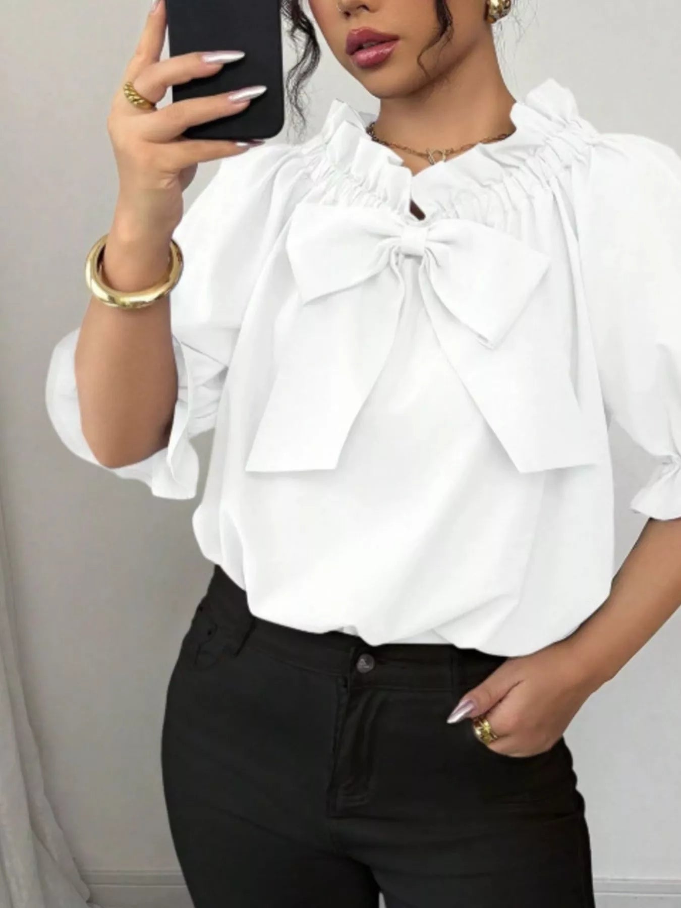 Bow Flounce Sleeve Blouse by Trendsi, white with oversized bow and ruffled neckline