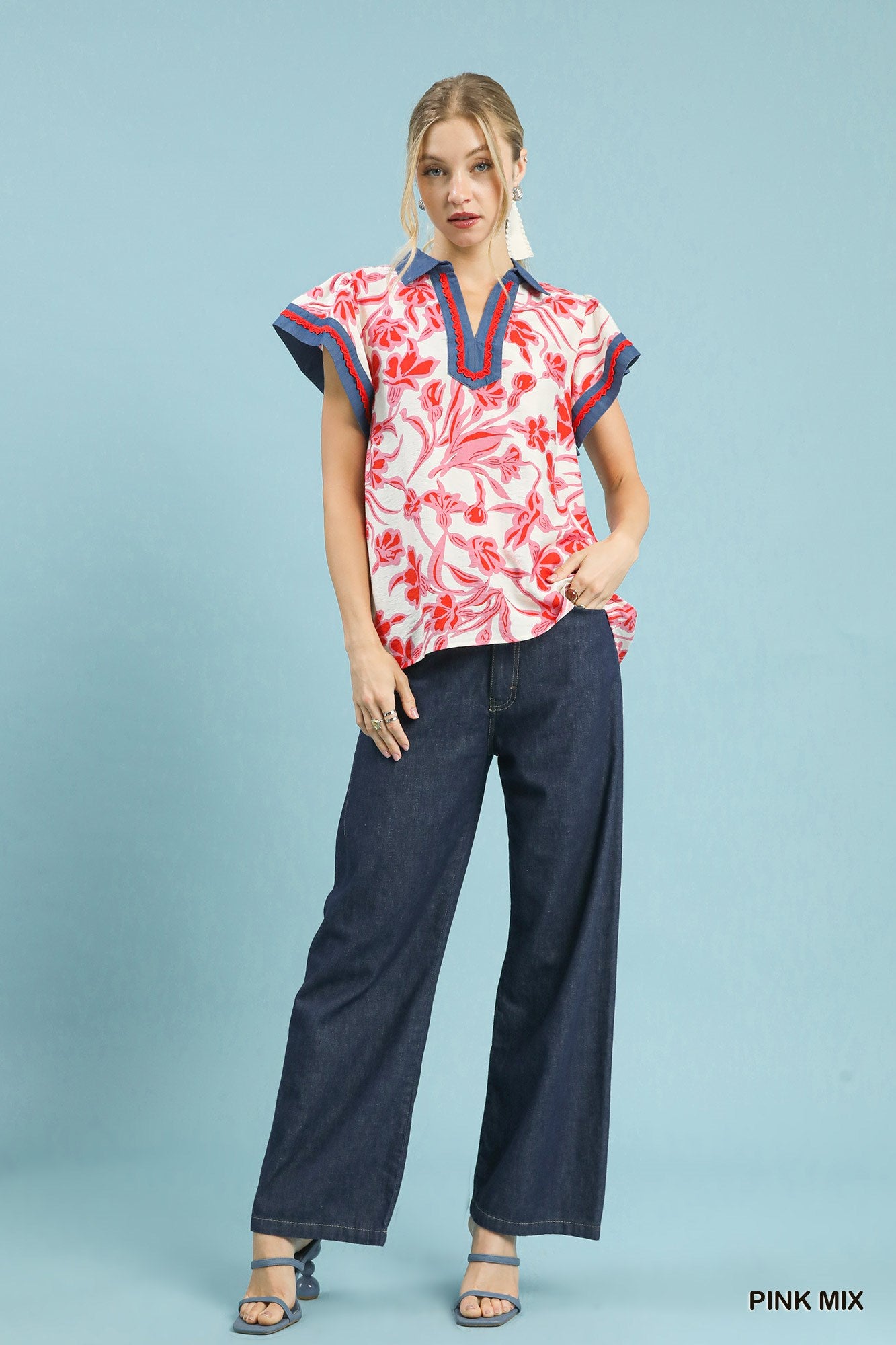 Cedar & Moore Umgee Floral Split Neck Top with pink floral print and blue trim flutter sleeves