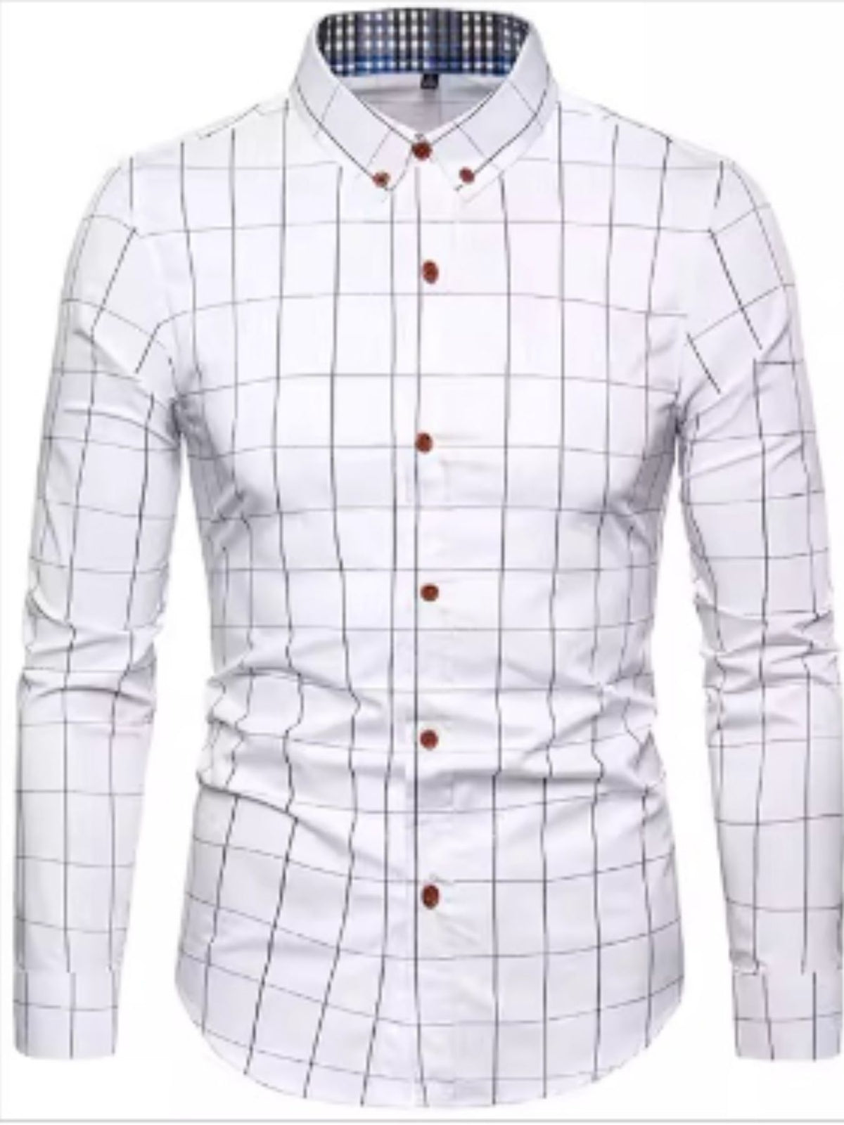 Men's cotton plaid button-up shirt, long sleeves, front view, white windowpane