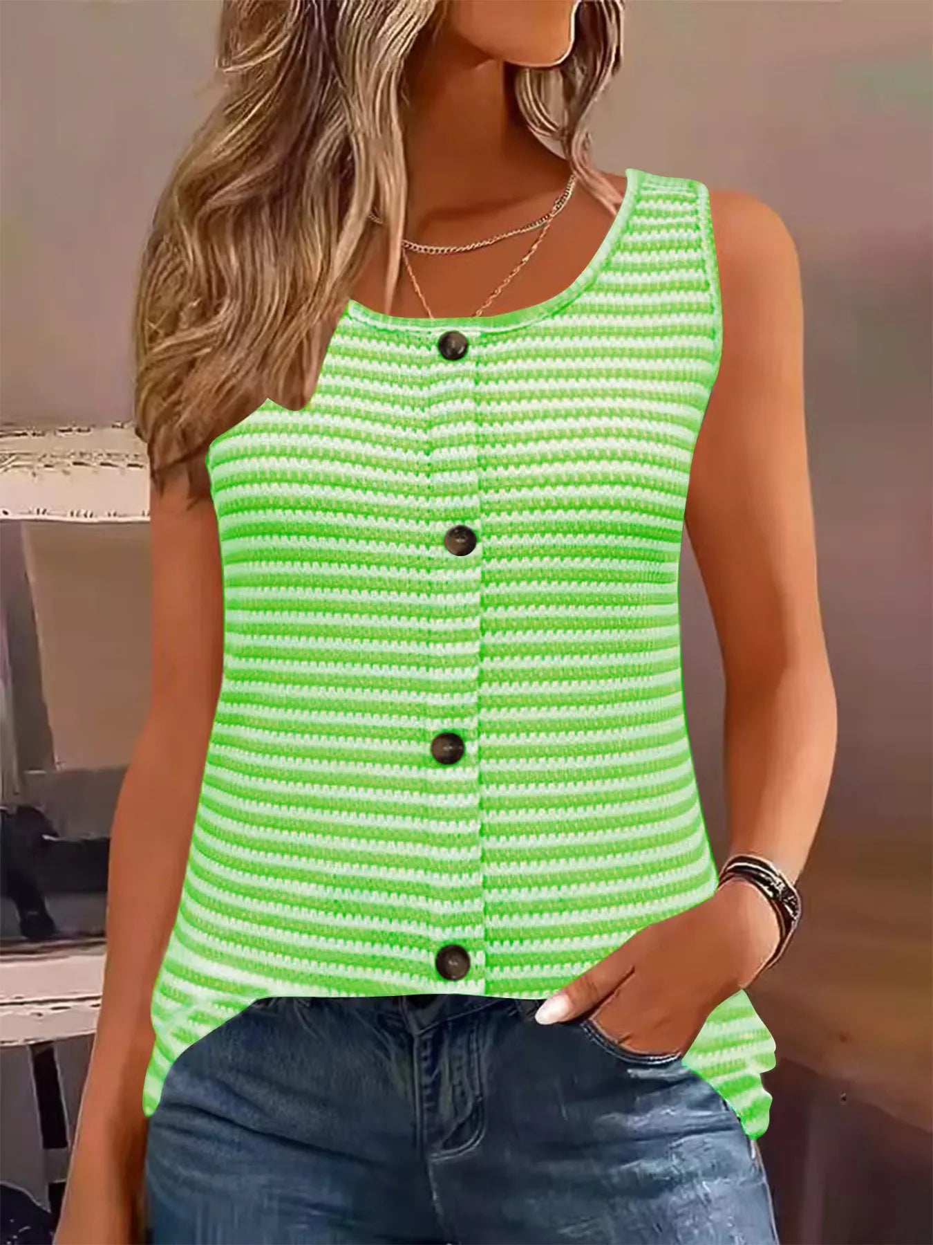 Neon green striped knit button-front tank top with dark button placket