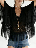 Cedar & Moore Lace Fringe Cover-Up in black, sheer lace with long fringe edges