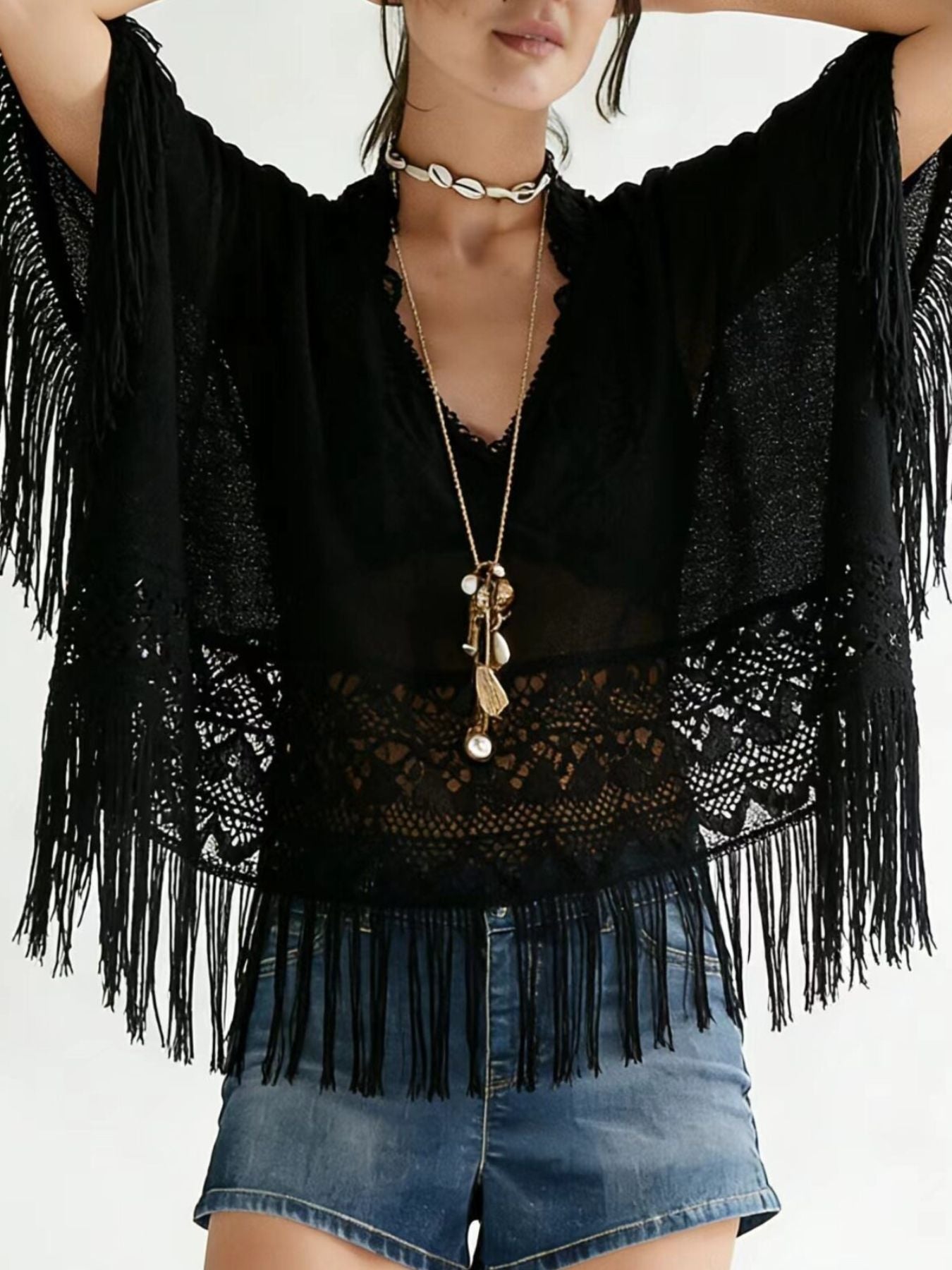 Cedar & Moore Lace Fringe Cover-Up in black, sheer lace with long fringe edges