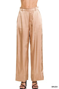 Satin wide-leg pants in brush nude, elastic waistband and side pockets