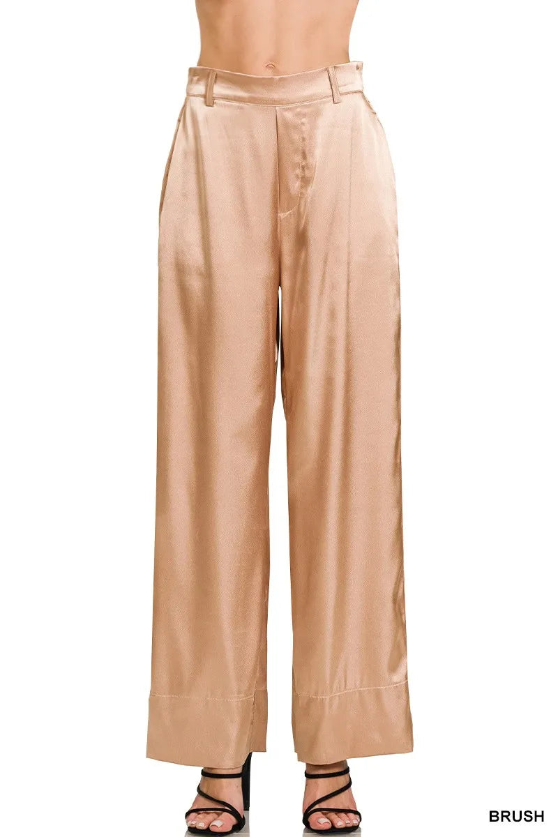 Satin wide-leg pants in brush nude, elastic waistband and side pockets