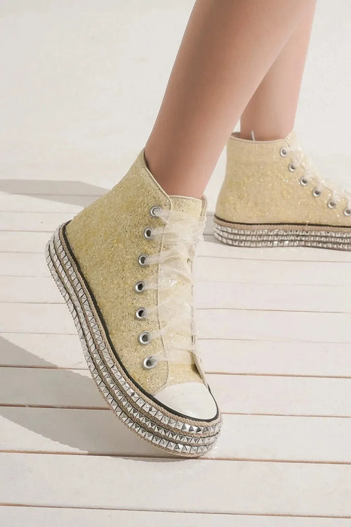 Gold glitter women's lace-up platform sneakers with studded rubber sole