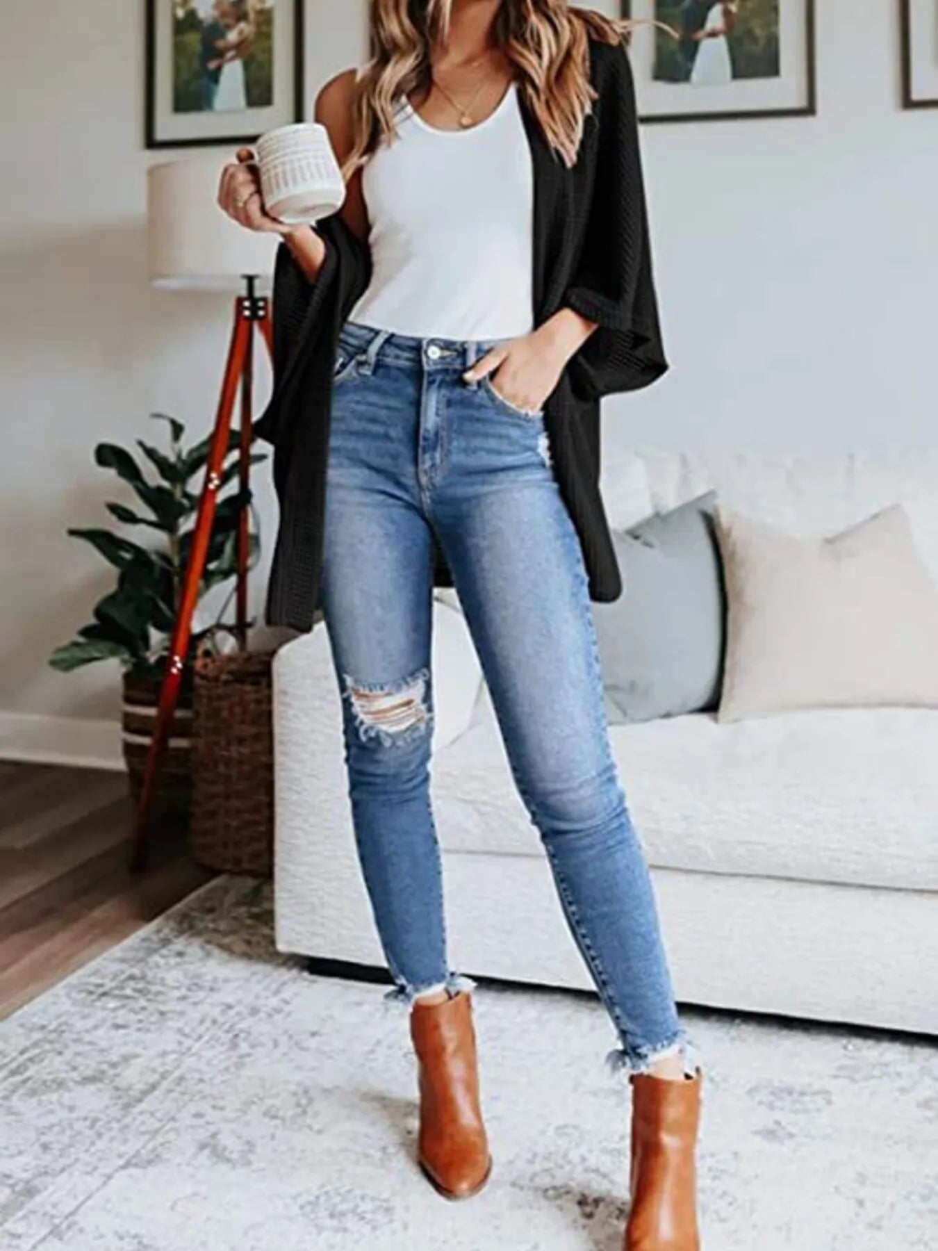 Plus size waffle knit open-front cardigan, black, relaxed fit with open drape
