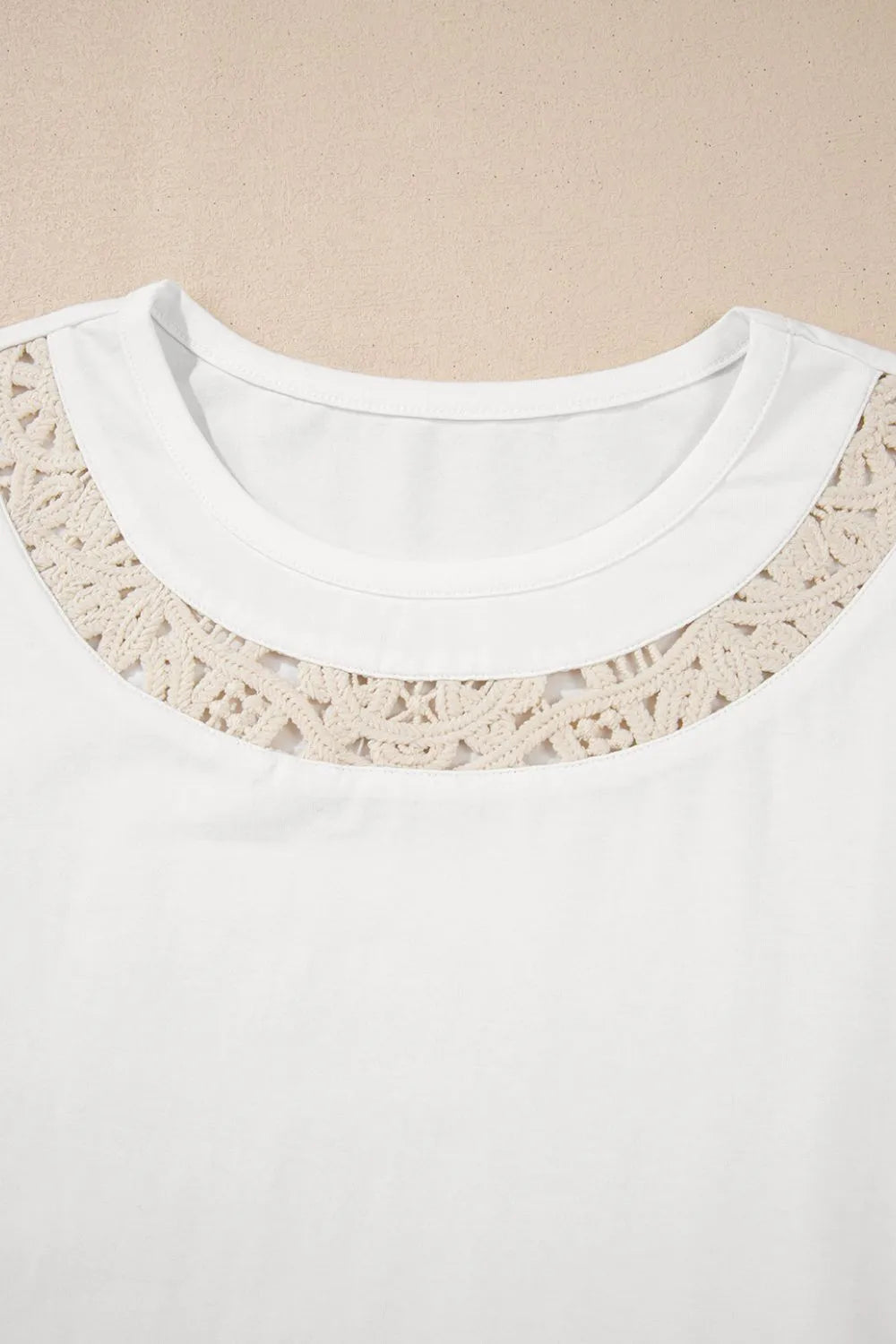 Cedar & Moore Lace Crochet Crew Neck White T Shirt with crochet neckline by Trendsi
