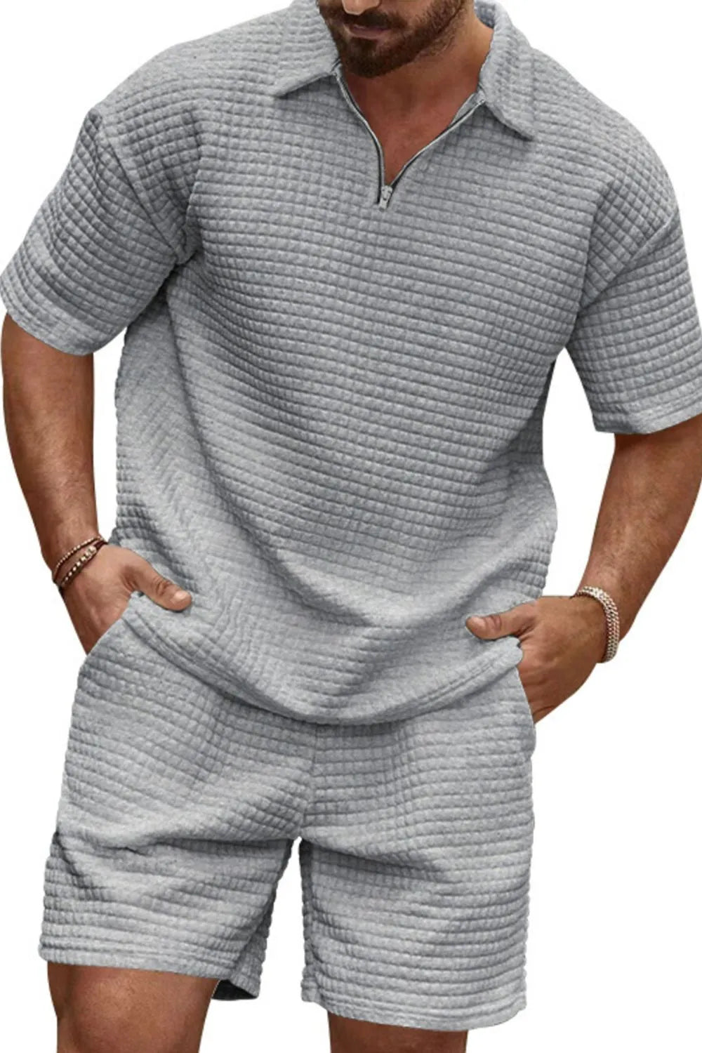 Men's knit short sleeve top and shorts set, quarter-zip polo collar, light grey