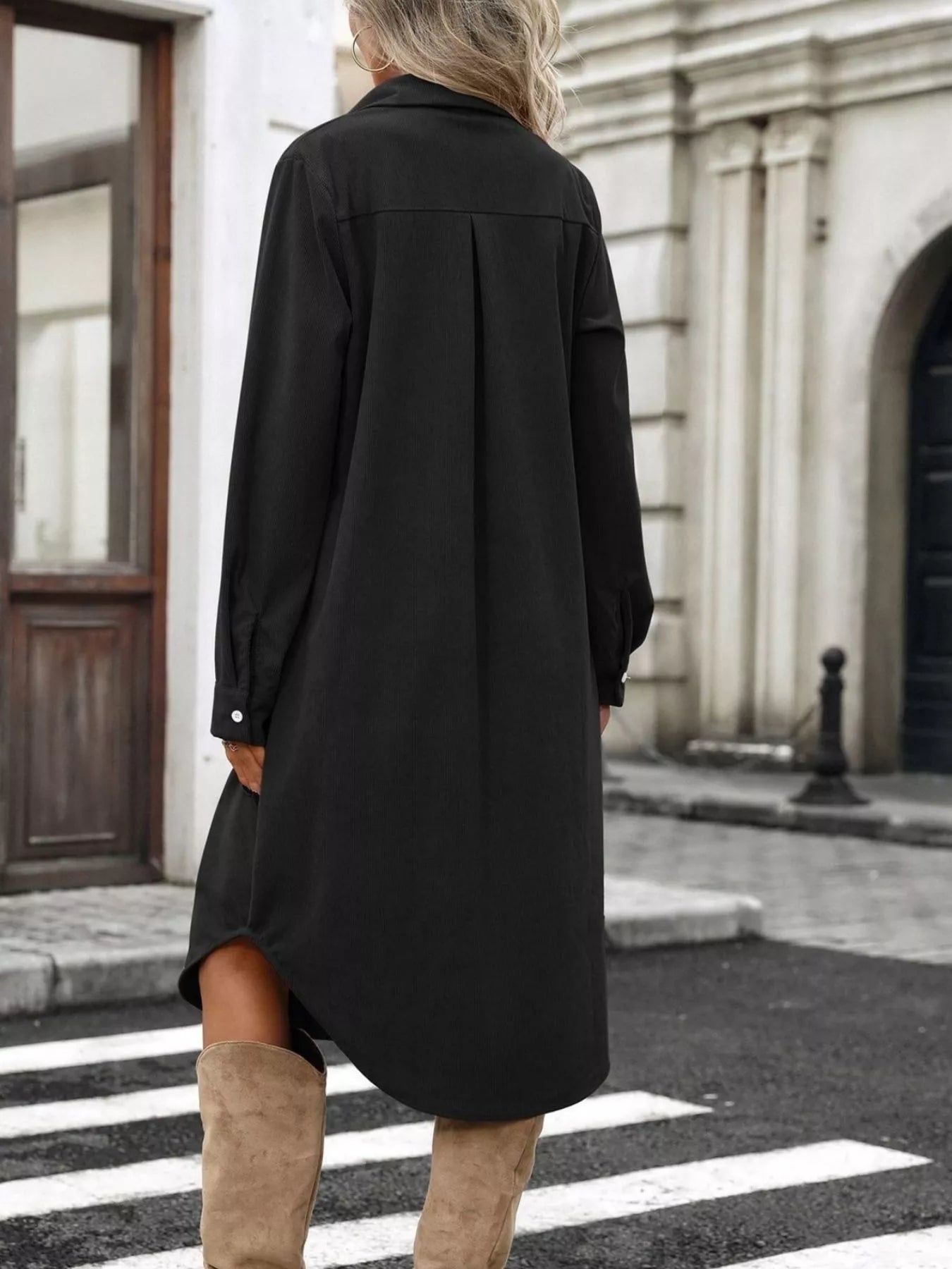 Black corduroy shirt dress, long sleeves, loose A-line midi back