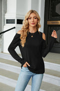 Black cold-shoulder long-sleeve blouse in textured knit, relaxed drop-shoulder fit