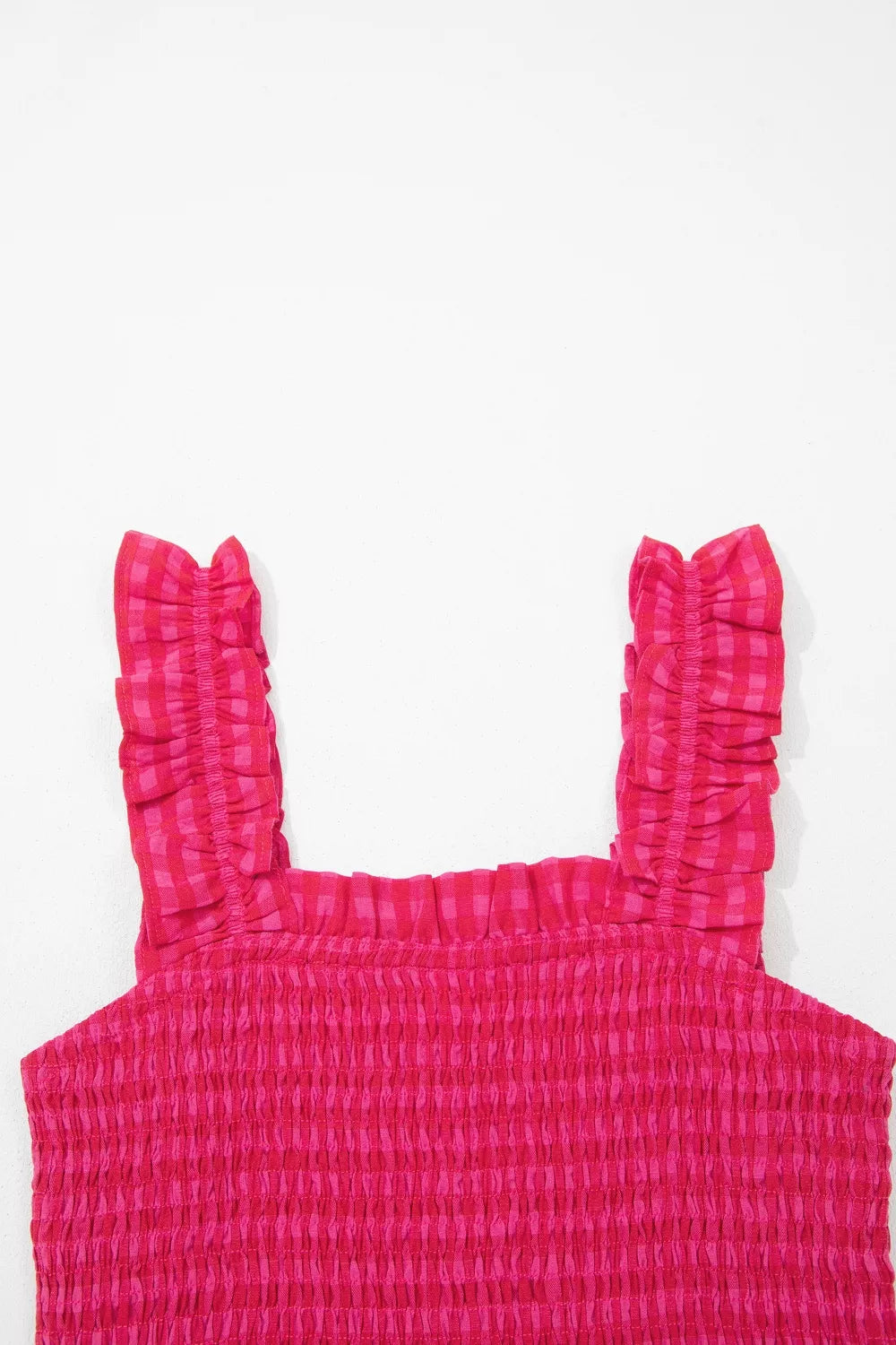 Deep rose square-neckline with ruffle straps and smocked bodice detail on sundress