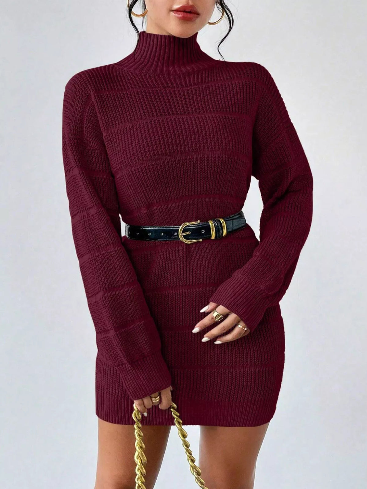 Ribbed turtleneck sweater dress, wine red, long sleeves, striped knit bands