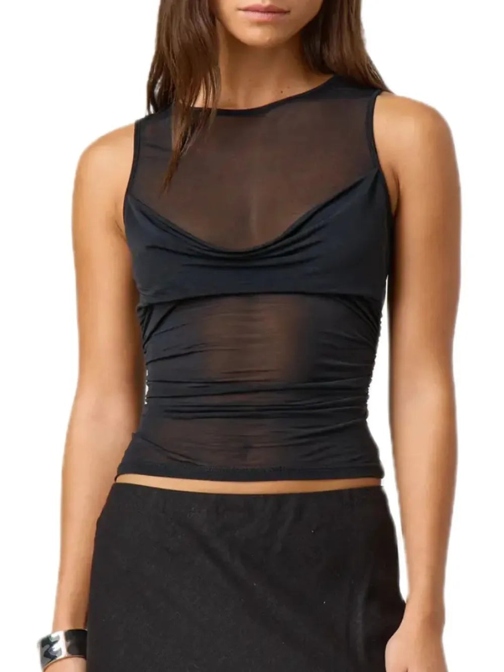 Black ruched round-neck sleeveless tank top with diagonal draped ruching