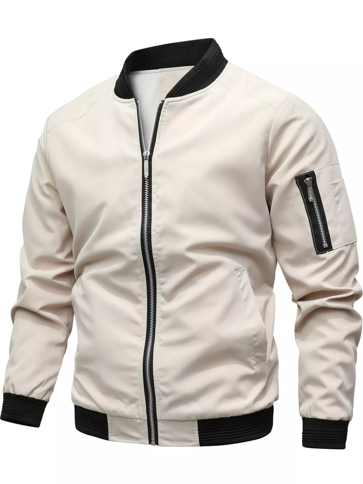Men's lightweight bomber jacket, off-white front with full zipper and ribbed cuffs