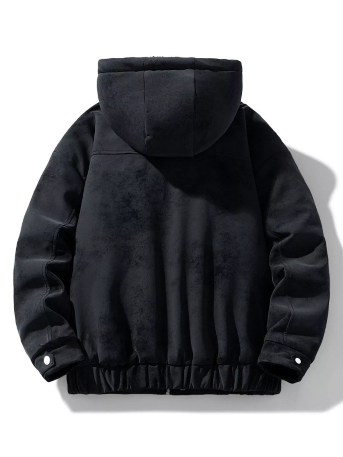 Men's dark hooded fleece-lined winter jacket with ribbed cuffs and elastic hem