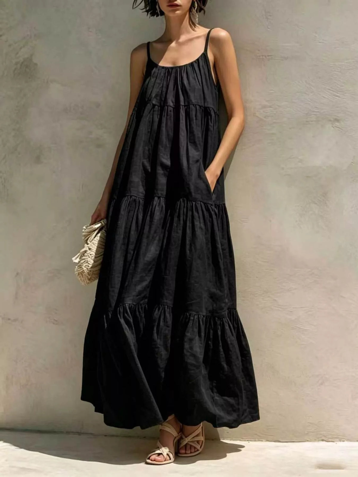 Black tiered maxi dress with scoop neckline and sleeveless gathered tiers