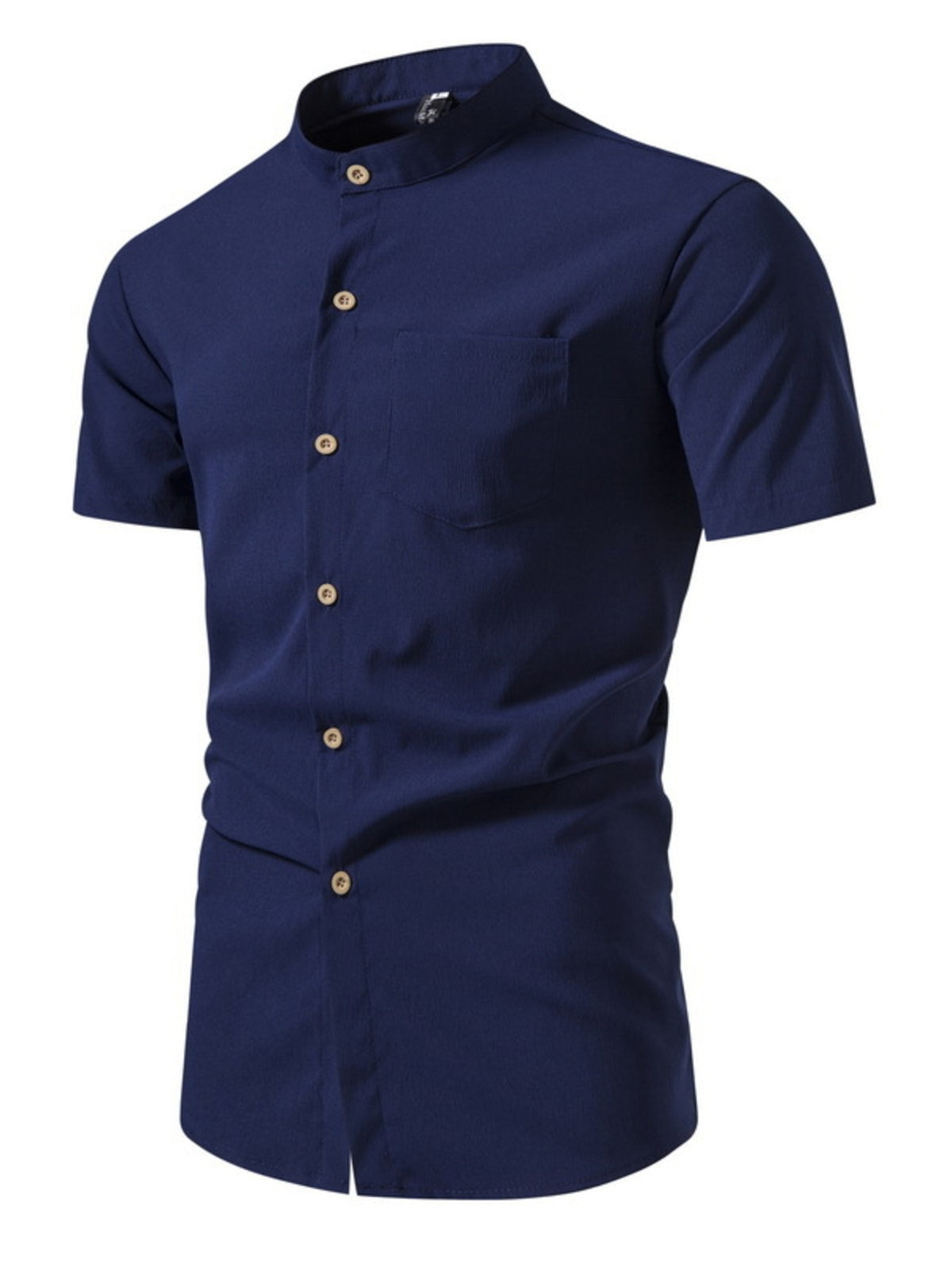 Men's dark blue short-sleeve button-up shirt with chest pocket and tan buttons