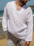 White V-neck long sleeve men’s top, relaxed fit, textured woven look