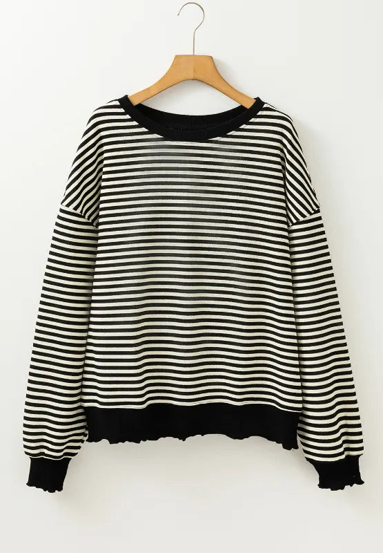 Black-and-white striped long-sleeve sweatshirt with round neck and ribbed cuffs
