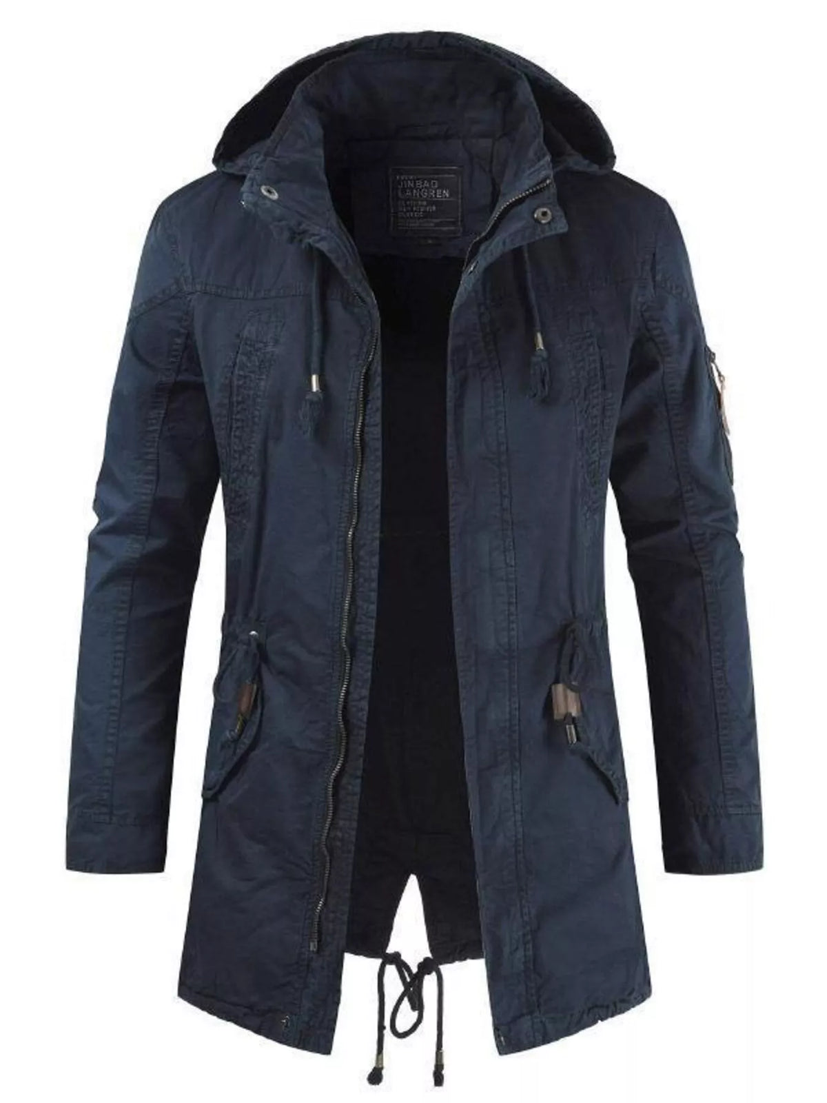 Men's dark blue hooded parka coat with drawstring, zip front, side zip pockets