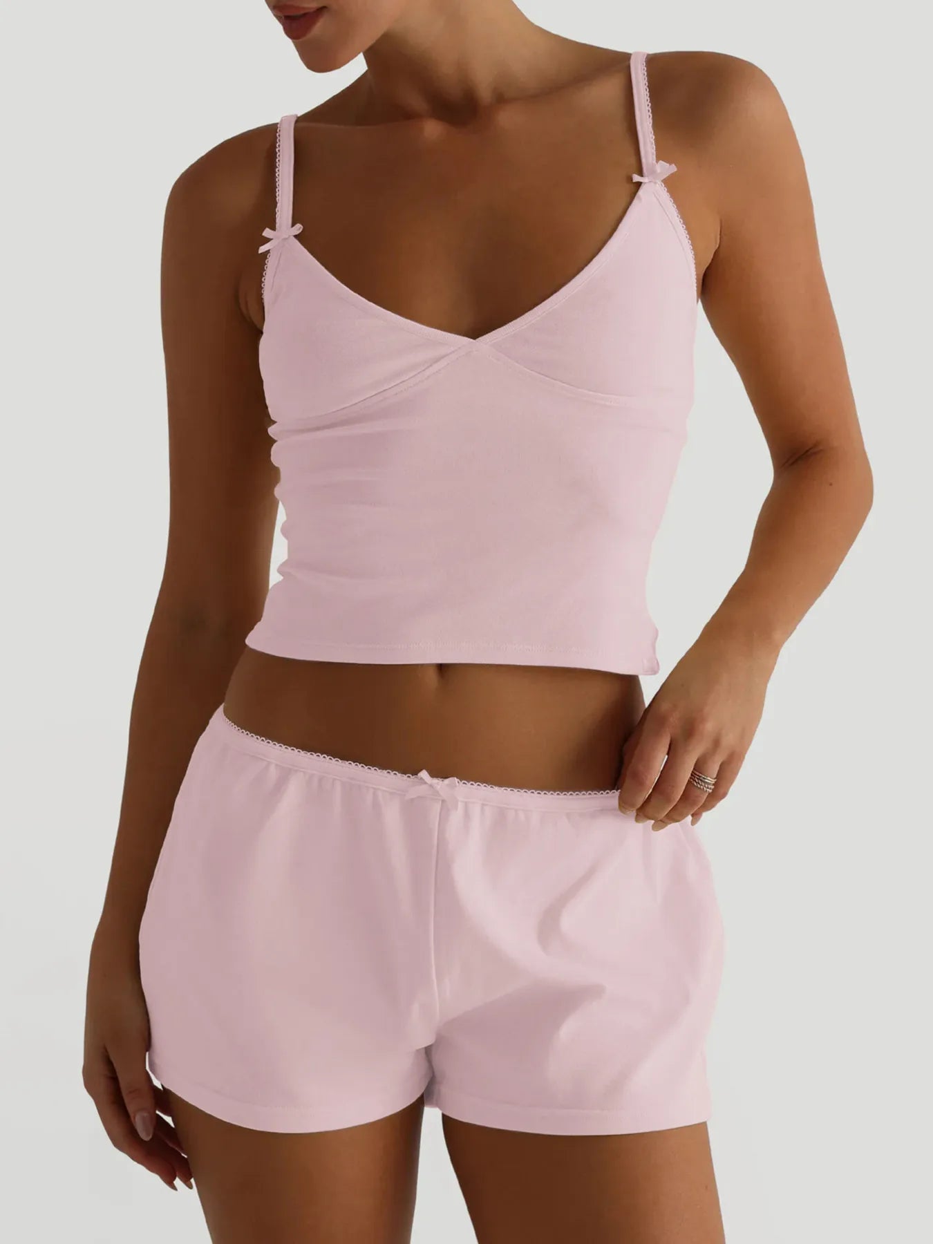 Pink V-neck cami and high-rise shorts set with adjustable spaghetti straps