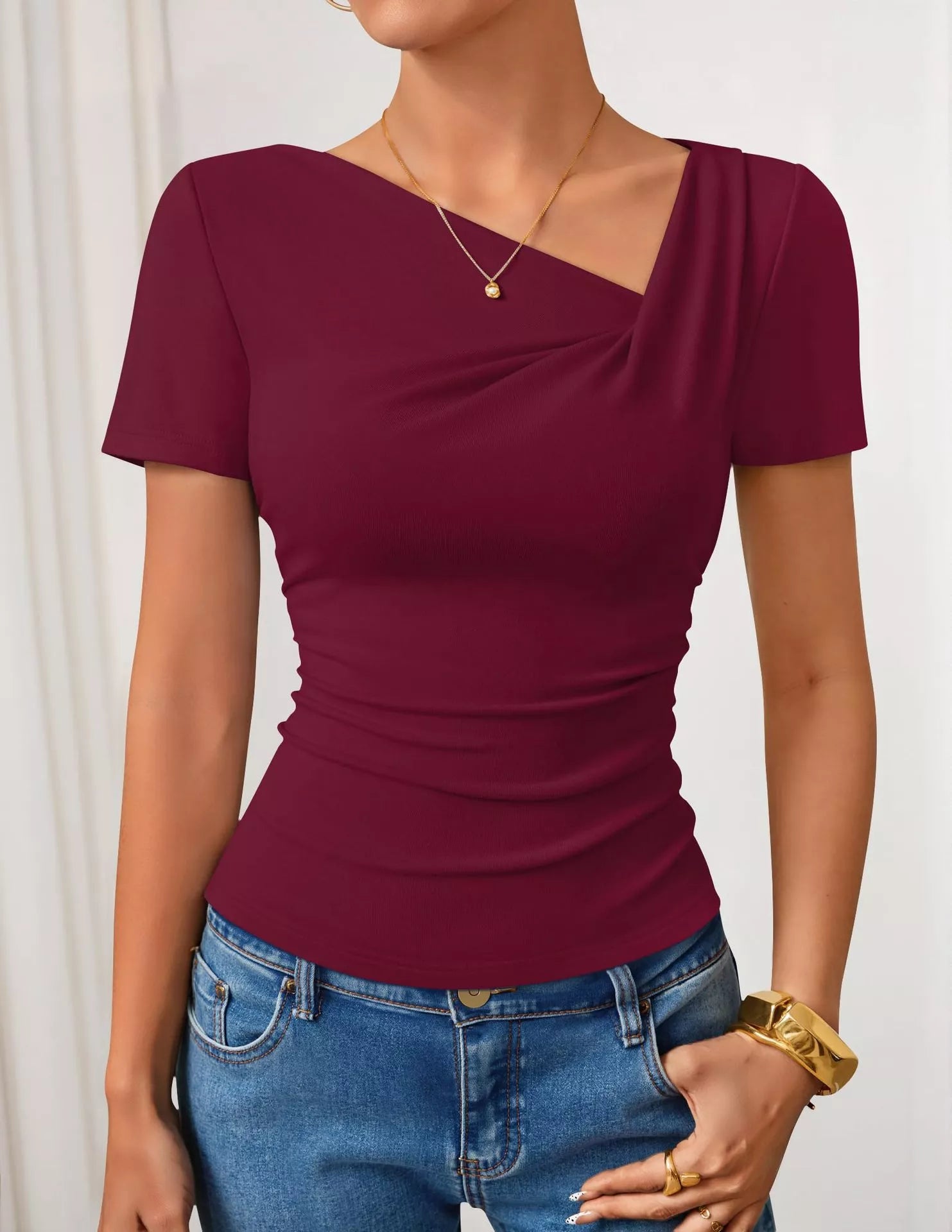 Cedar & Moore Asymmetrical Neckline Fitted T-Shirt in burgundy by Trendsi