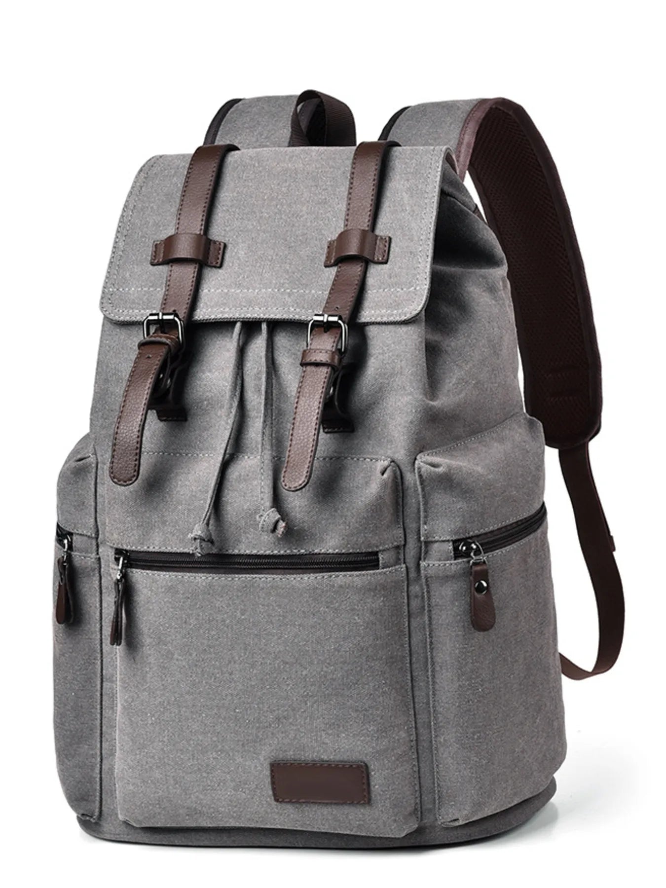 Gray canvas backpack bag with flap top, buckle straps, front pocket, and side shoulder strap