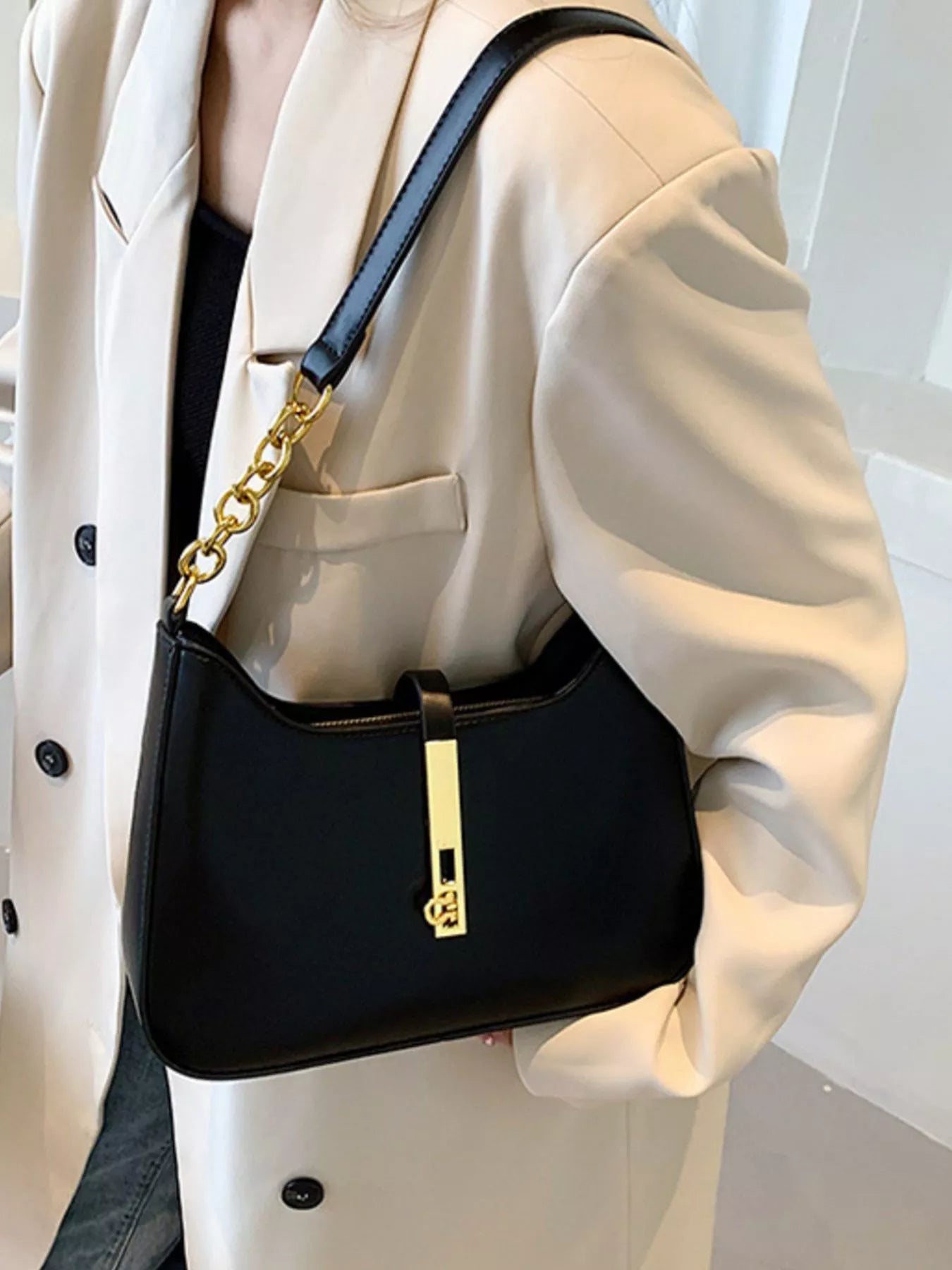 Golden Buckle Shoulder Bag in black PU with gold-tone hardware and chain strap