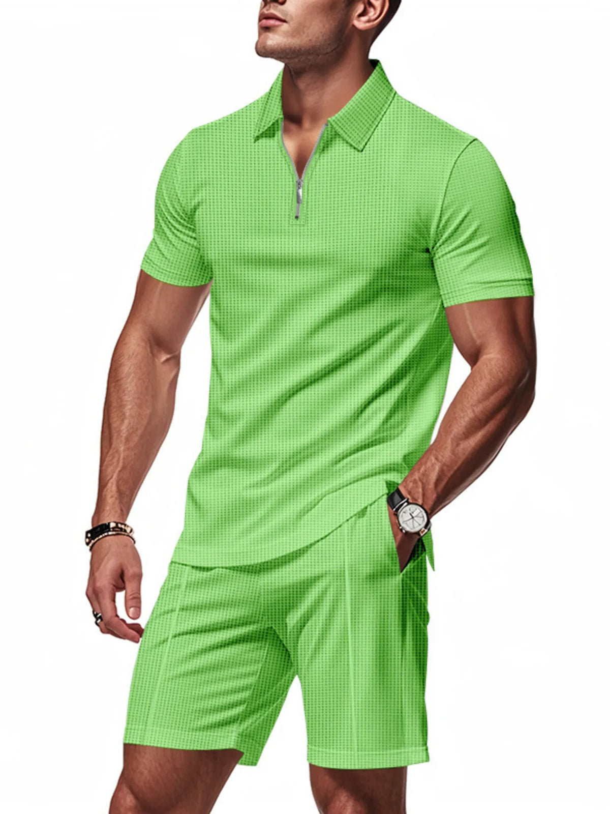 Quarter-zip short-sleeve top and shorts set in bright green