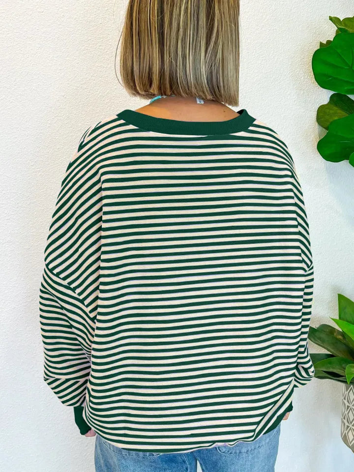 Green-and-white striped long-sleeve sweatshirt with round neck, back view