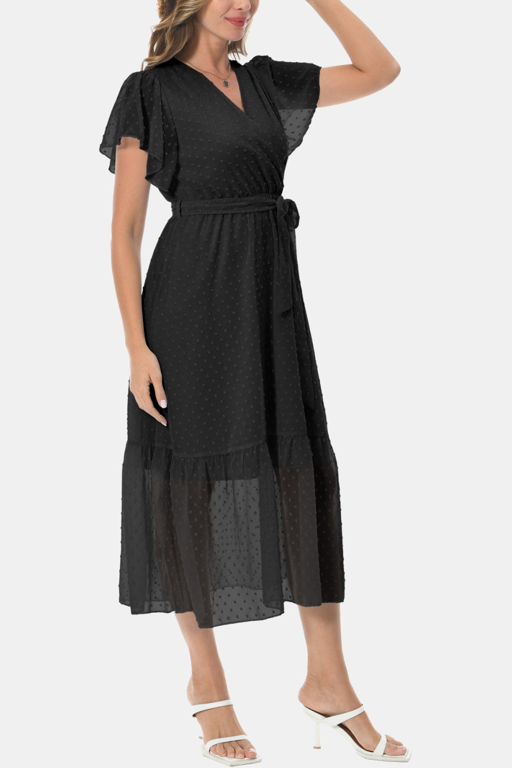 Black surplice V-neck tied dress with flutter sleeves and layered tiered skirt