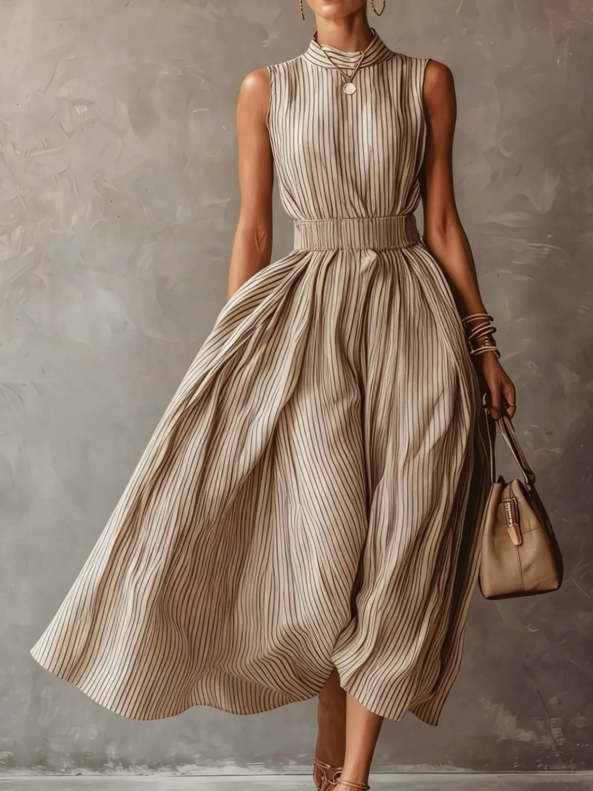 Beige and dark vertical striped smocked sleeveless maxi dress with gathered waist