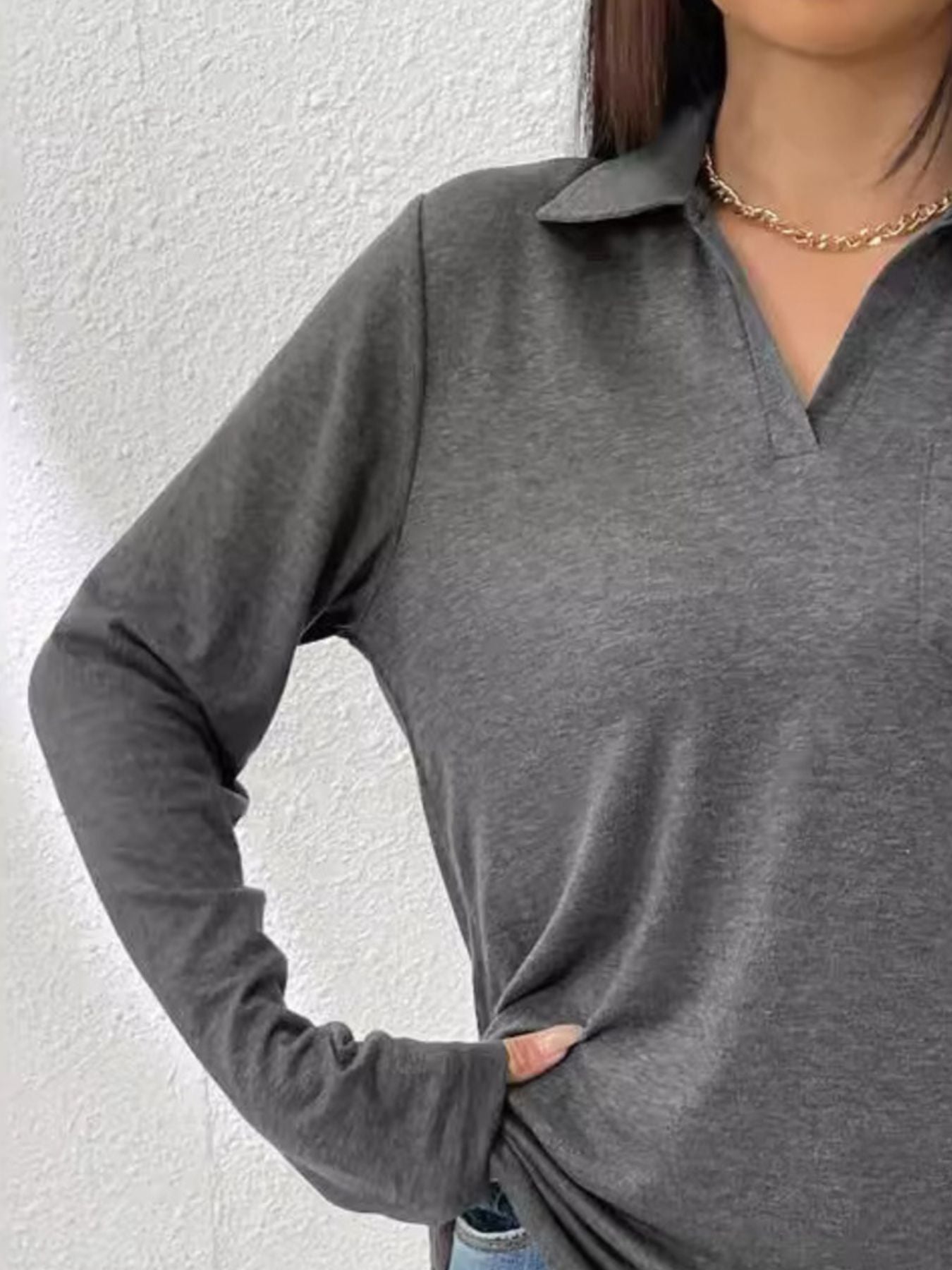 Cedar & Moore Collared Neck Long Sleeve T-Shirt in grey heather with chest pocket, Trendsi