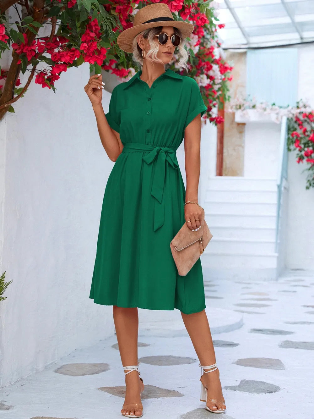 Green button-front tie-waist short sleeve midi dress with gathered waist and bow tie