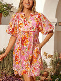 Cedar & Moore Floral print striped casual mini dress with pink/orange blooms and puff sleeves